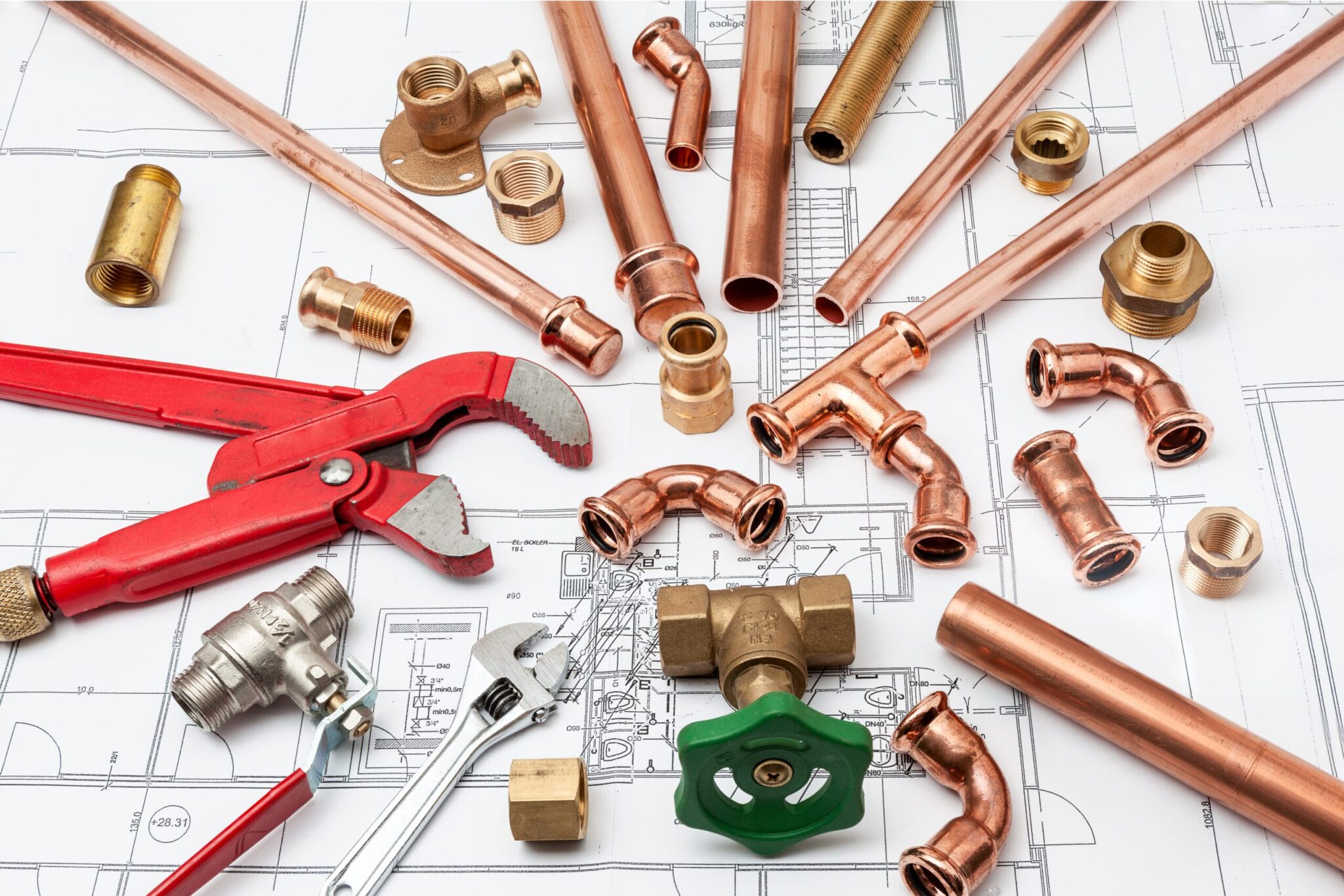 Copper pipes, fittings, valves, and plumbing tools in Casa Grande