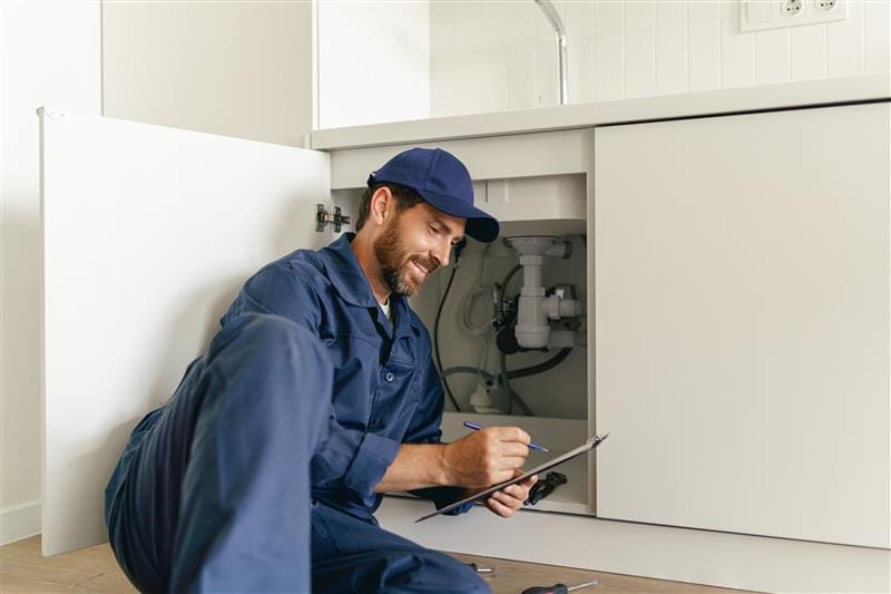 Residential plumber reviewing plumbing repairs in a Casa Grande kitchen