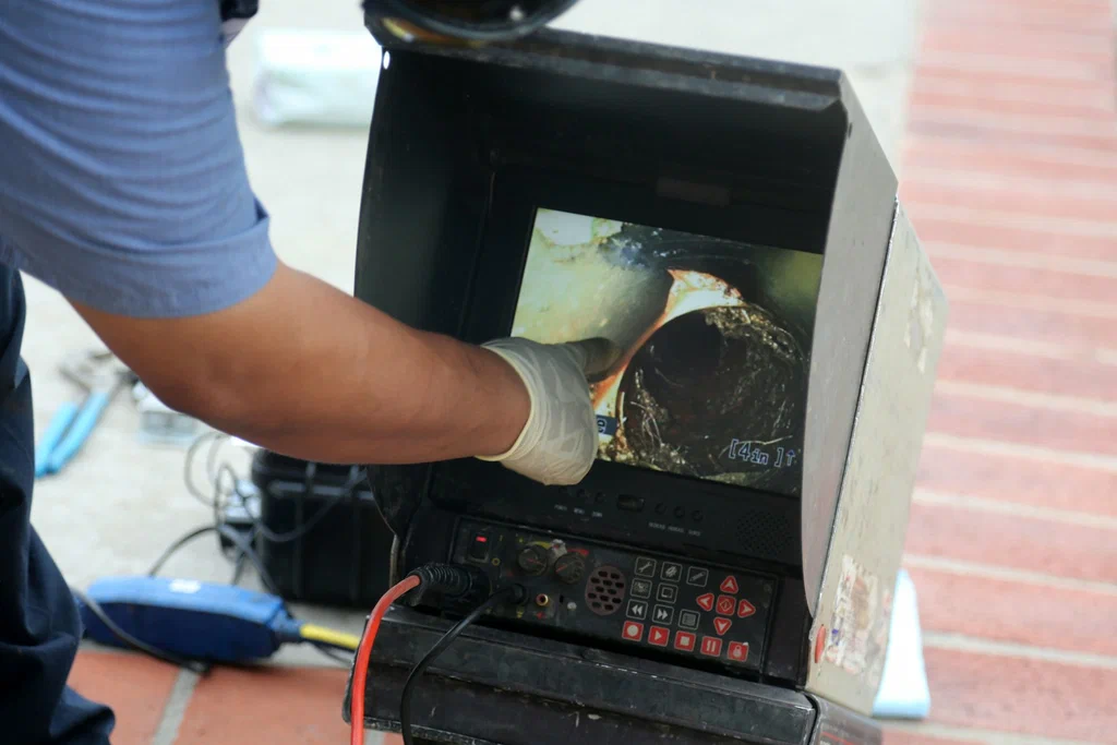 Technician viewing a drain inspection camera in Casa Grande