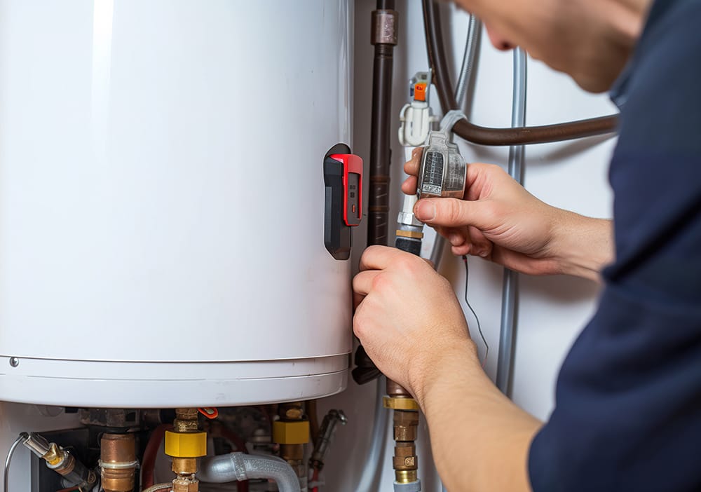 Technician repairing pipes connected to a water heater in Casa Grande
